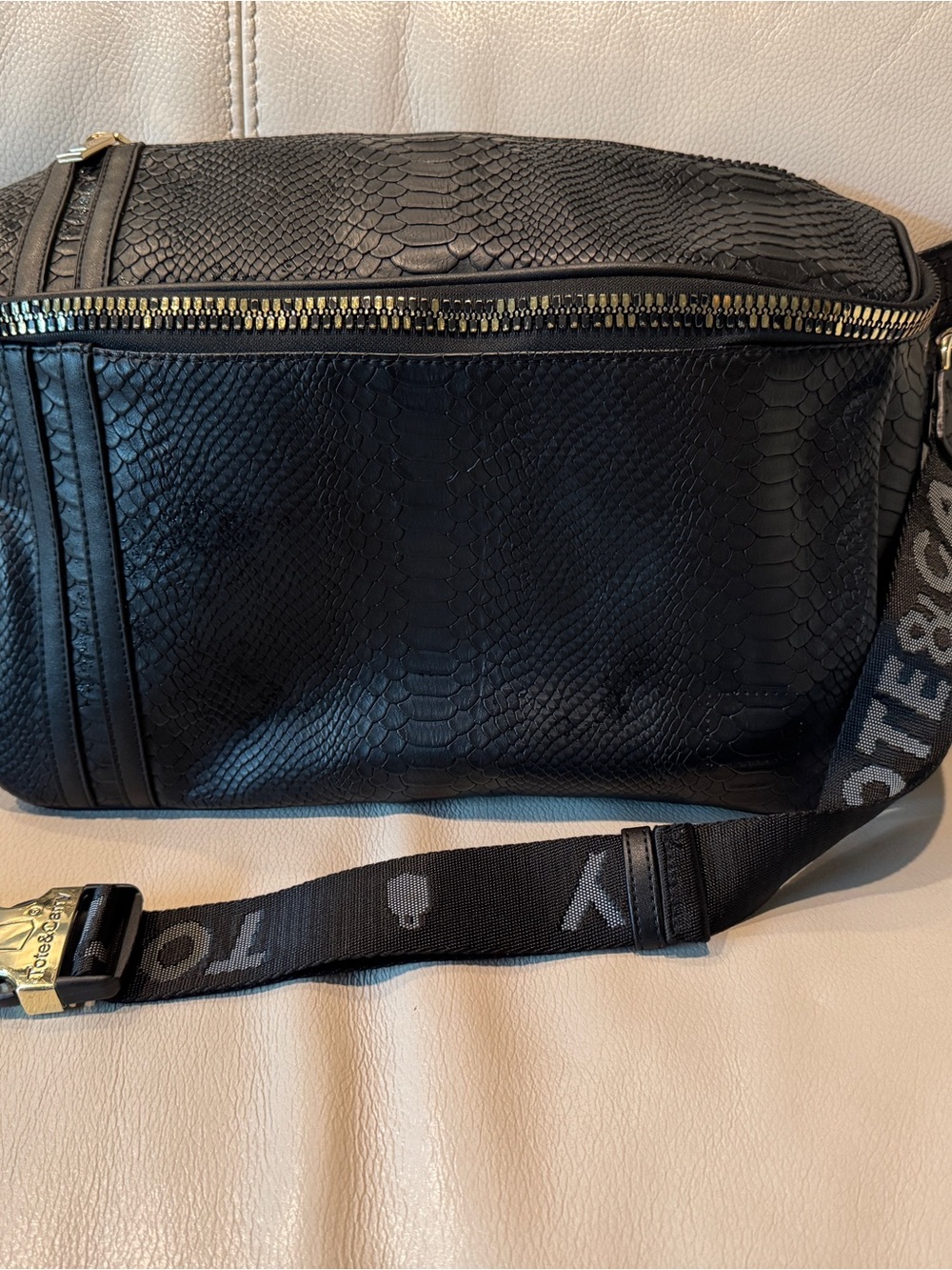 Black Textured sling Bag with Branded Strap